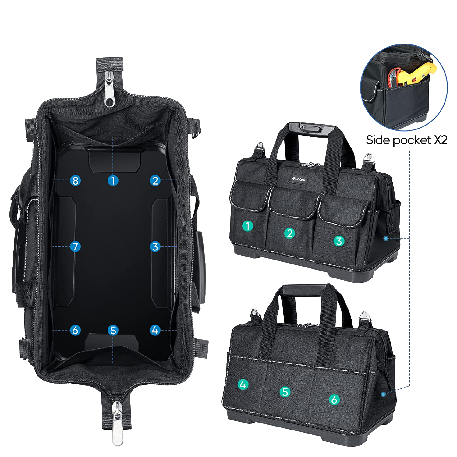 16 Inch Multi-Pockets Wide Mouth Tool Tote with Waterproof Molded Bottom
