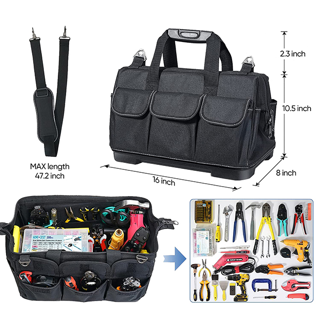 16 Inch Multi-Pockets Wide Mouth Tool Tote with Waterproof Molded Bottom